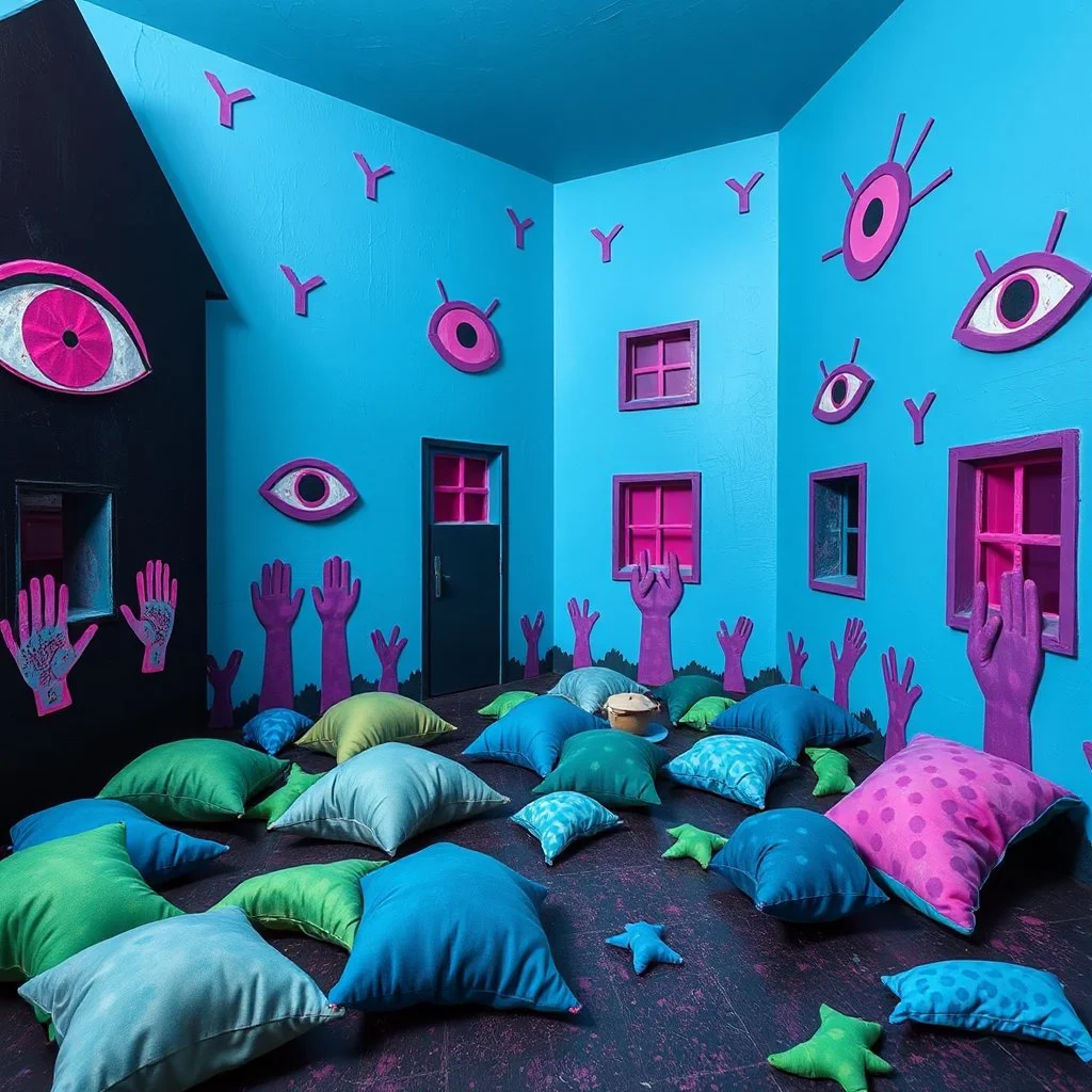 Fotografia di villaggio blu weirdcore dai colori vivaci. Le pareti sono dipinte di nero chiaro con y stilizzate e dettagli come mani. Ci sono occhi rosa con finestrelle quadrate, che danno un senso distopico e molto surreale. Sul pavimento ci sono cose morbide, alcune verdi e altre blu, disposte in modo casuale. L'atmosfera generale sembra noiosa e onirica, con un contrasto tra elementi reali ed elementi dipinti