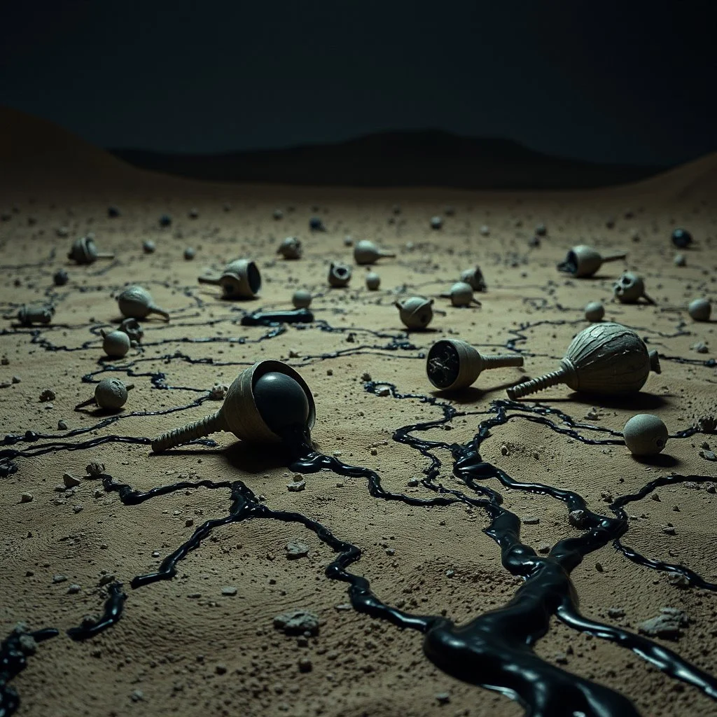 Photograph, illogical objects scattered over an arid surface, night, nothingness, spooky, close-up, in Yves Tanguy style, nightmare, highly hypermaximalist, ZBrush, details of the terrain very accentuated, 8k, deep 3d field, sharp, eerily mysterious, artistic photo, large format film, shot on Hasselblad, 33mm photography, mysterious, dark, rotten, macabre, streams of black liquid