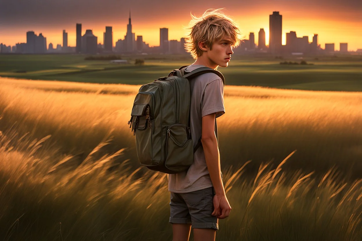 A detailed photo of a scruffy fifteen year old boy wearing a backpack standing in a field with an abandoned city skyline in the background, shaggy blond hair, wearing short sleeves and shorts, sunset, tall grass, bright colours, baste landscape, cinematic photography, high resolution, high quality, highly detailed.