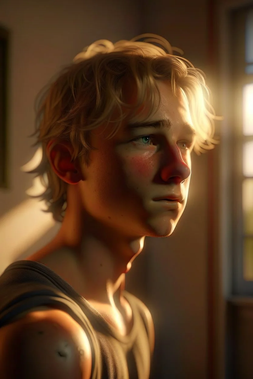 A hyper-realistic portrait of an athletic teen boy with honey brown eyes, messy golden blond hair, cute, innocent and thoughtful, looking out a window, a hint of facial hair, no shirt, shirtless, inside an empty room with warm sunlight streaming in, detailed, high definition, 4K, 8K, quality render, photo realistic