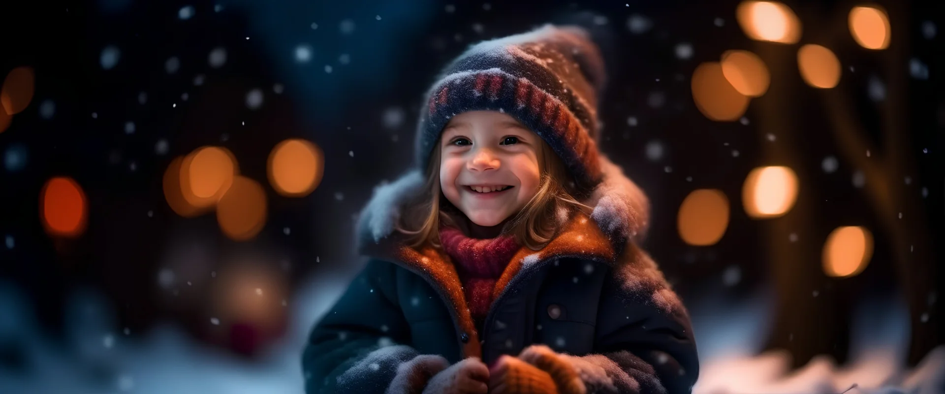 Little girl with christmas lights enjoying the holidays outdoors in snowfall. Happy cute child girl playing with Chistmas festive lights. digital ai