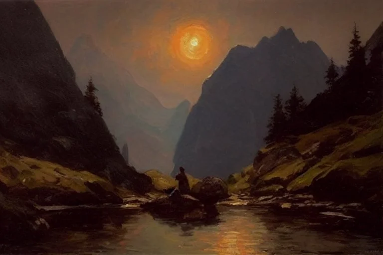 mistery night, mountains, rocks, river, epic, gothic and dark, wilfrid de glehn, friedrich eckenfelder, and anna boch impressionism paintings