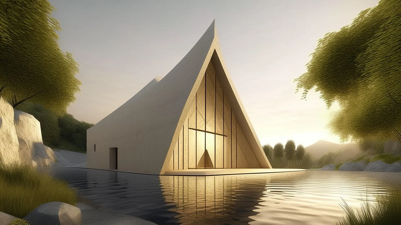 Una capilla contemporánea de hormigón rugoso con techos inclinados y curvos que se funden con muros gruesos de textura táctil, generando un espacio de recogimiento espiritual. La fachada asimétrica pero equilibrada presenta huecos geométricos triangulares que filtran la luz dorada del atardecer, reflejándose en una lámina de agua serena que rodea la base del edificio. La composición enfatiza la solemnidad y la organicidad modernista integrada en un paisaje de rocas y praderas.