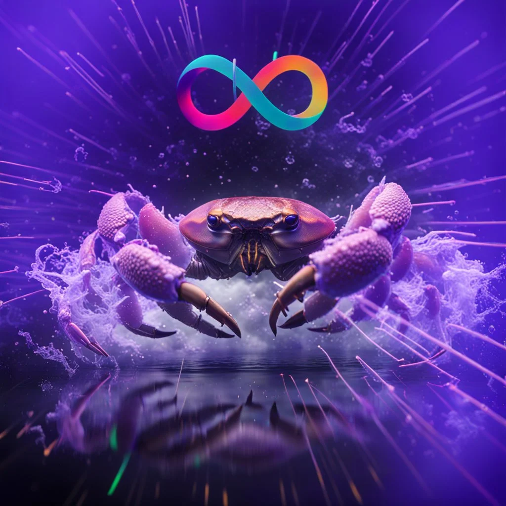 infinity symbol ∞ with vibrant powerful crab jumping out of the water, striking, neon, chiaroscuro, dramatic, captivating, powerful, fantasy, beautiful, octane render, 16k post-production, artstation: award-winning: atmospheric: commanding: fantastical: clarity: ultra quality: striking: brilliance: stunning colors: amazing depth; lens: f/11, 35mm