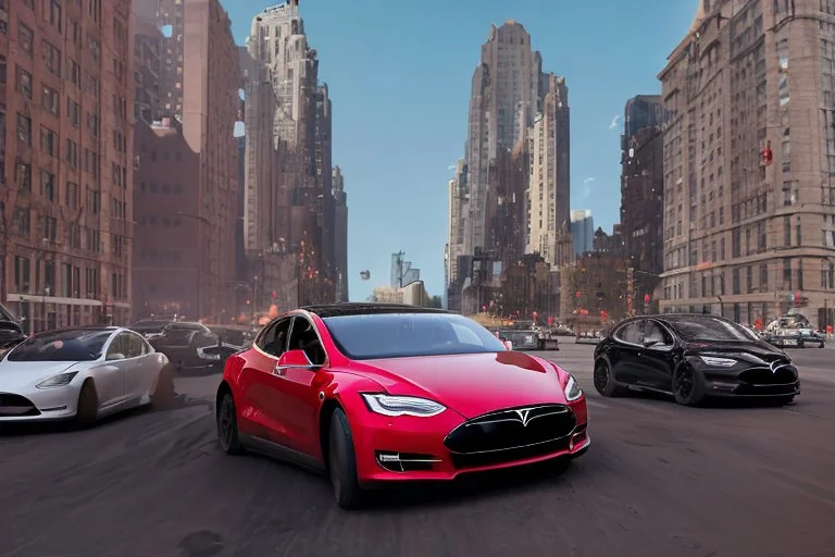 A Tesla 'Model S' is racing at top speed, near the Flatiron Building in Manhattan. (CINEMATIC, WIDE ANGLE LENS, PHOTO REAL)