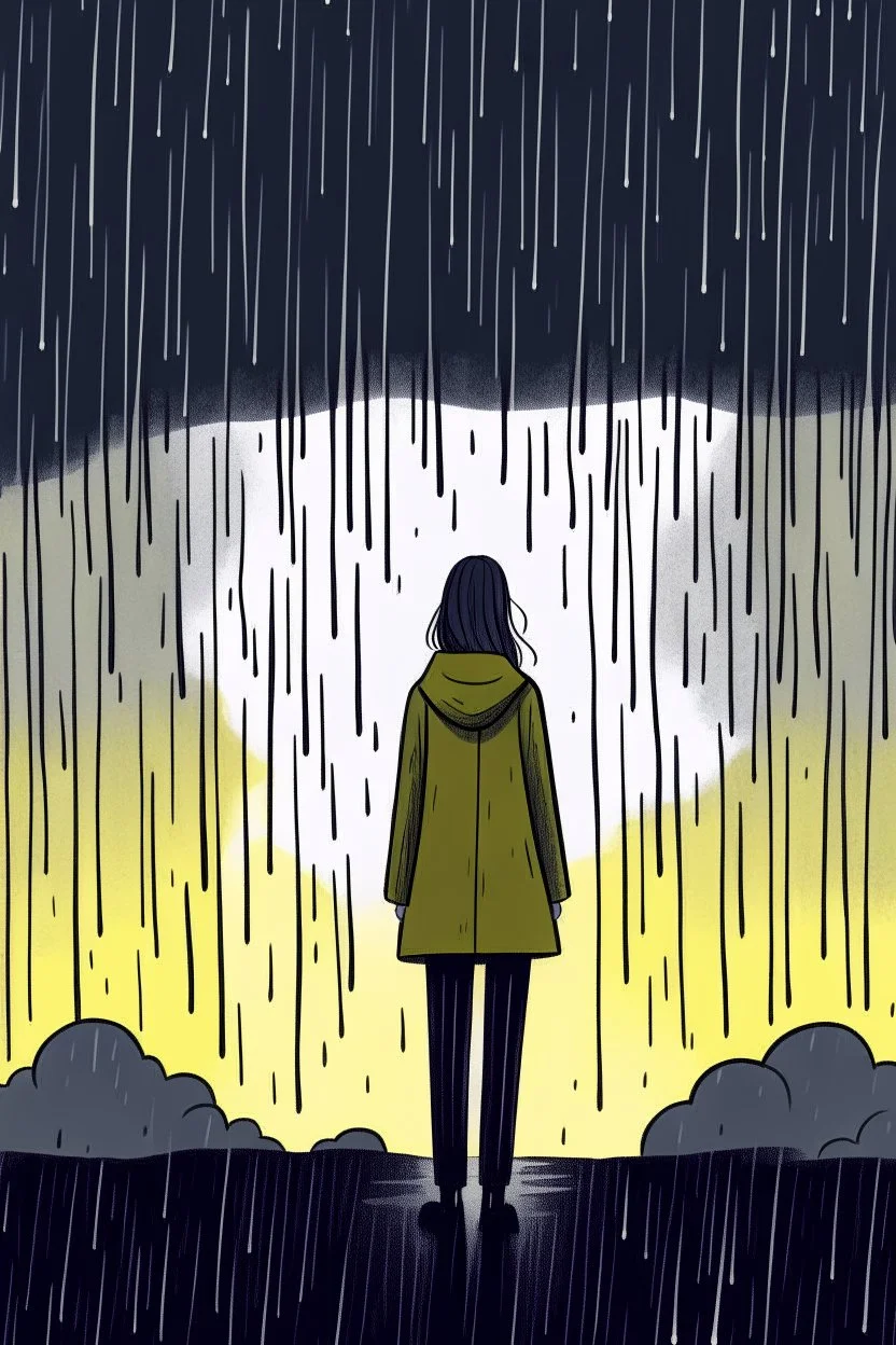 Ilustration of a woman standing alone in a storm , with rain pouring down around them