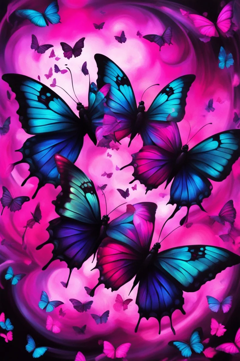 vibrant psychedelic oil painting image, airbrush, 64k, cartoon art image of background HOT PINK and BLACK BUTTERFLIES with music notes , futurism style