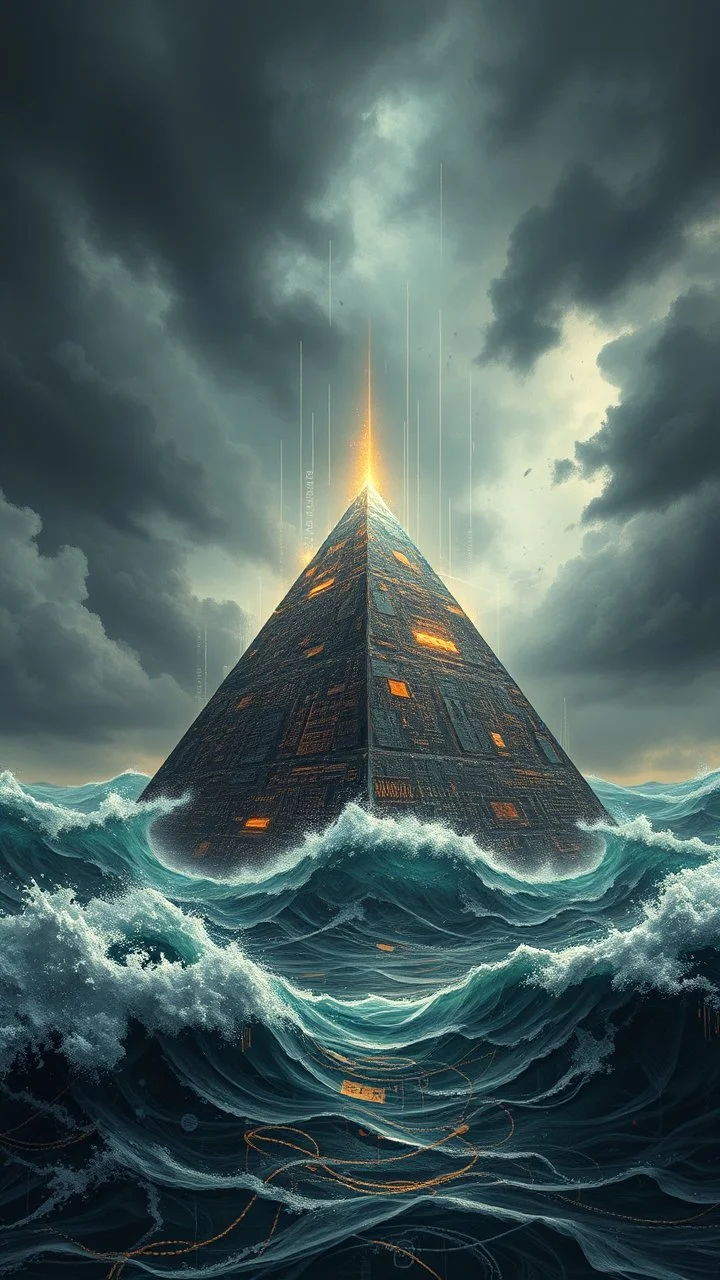 Synthography Art in Bocsh painting style nightmare of The Pyramid shape building in the middle of ocean waves water with visual details of mechanical and electrical components and chips and components textures with gray clouds stormy weather in the background