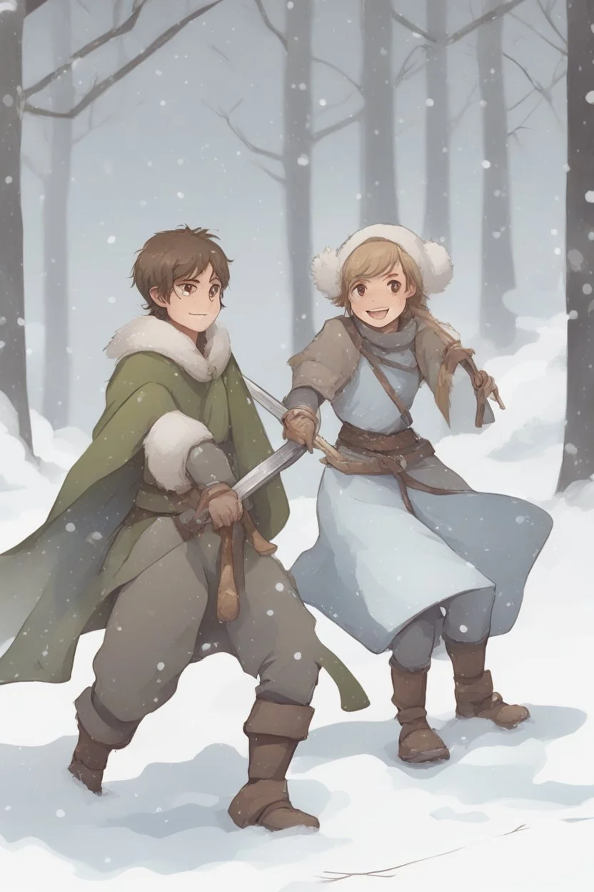 DnD style, two medieval peasant kids playing in the snow, female age 14 and male age 15, happy and playful, he has a short sword. Coats and pants