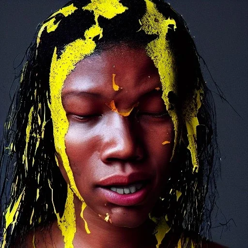 a brain exploding. kintsugi. Chaos. Portrait of a young black woman crying.a mind fracturing.confusion. Tears the colour of oil. Depression seeping out of her eyes nose and mouth like a oil spill