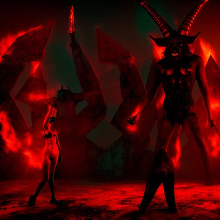 A portrait post-apocalypse of Baphomet ,in a sin city pyramid, sci-fi fantasy style, volumetric lighting, particales,highly detailed,cinamatic,8k,3D,fire and black deep colours,ignore NSFW.