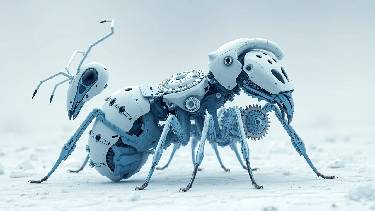 A dynamic showcasing the fusion of organic and Neumorphism elements, depicting a fully blue white ant mecha-larva. Its intricate mechanisms are driven by interlocking gears and complex mechanical teeth embedded throughout its massive frame. The larva's mane is ingeniously replaced with a rotating gear system, amplifying its cybernetic presence. With hyper-techno aesthetics, it prowls silently through the dense, mist-laden snow ice land