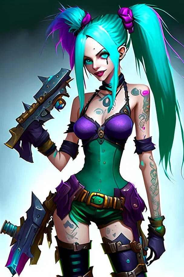 Jinx is a fictional character from the video game "League of Legends." She is typically depicted with long, blue hair and green eyes, and wears a stylish and revealing outfit that resembles a classic magicians' costume. Jinx is often armed with a variety of weapons such as swords, explosive devices, and sharp throwing stars which she uses to fight her enemies in battle. Her chaotic and unpredictable nature is reflected in her maniacal laughing and energetic movements.