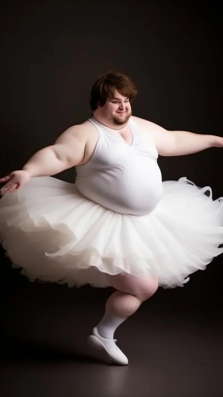 young man, morbidely obese; brown hair and fair skin, dancing in a white fluffy tutu. Full character. Elegant pose; HD, Studio shot, realistic.