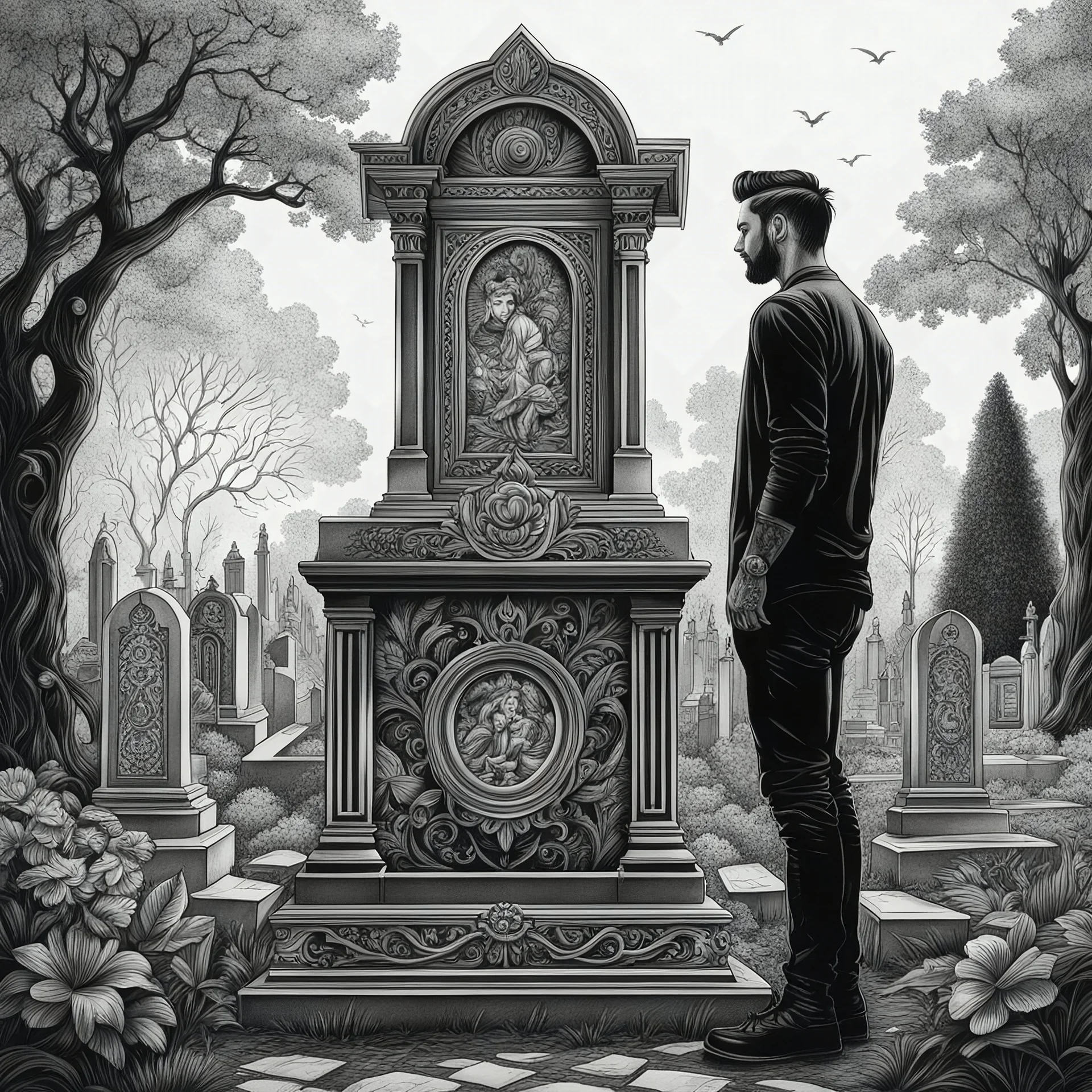 Man standing a front of his mom grave in 8k tattoo drawing style, out of the Frame, sad them, intricate details, highly detailed, high details, detailed portrait, masterpiece,ultra detailed, ultra quality