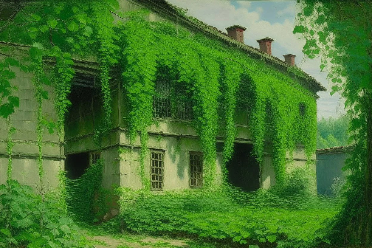 A green warehouse with overgrown vines painted by Alfred Sisley