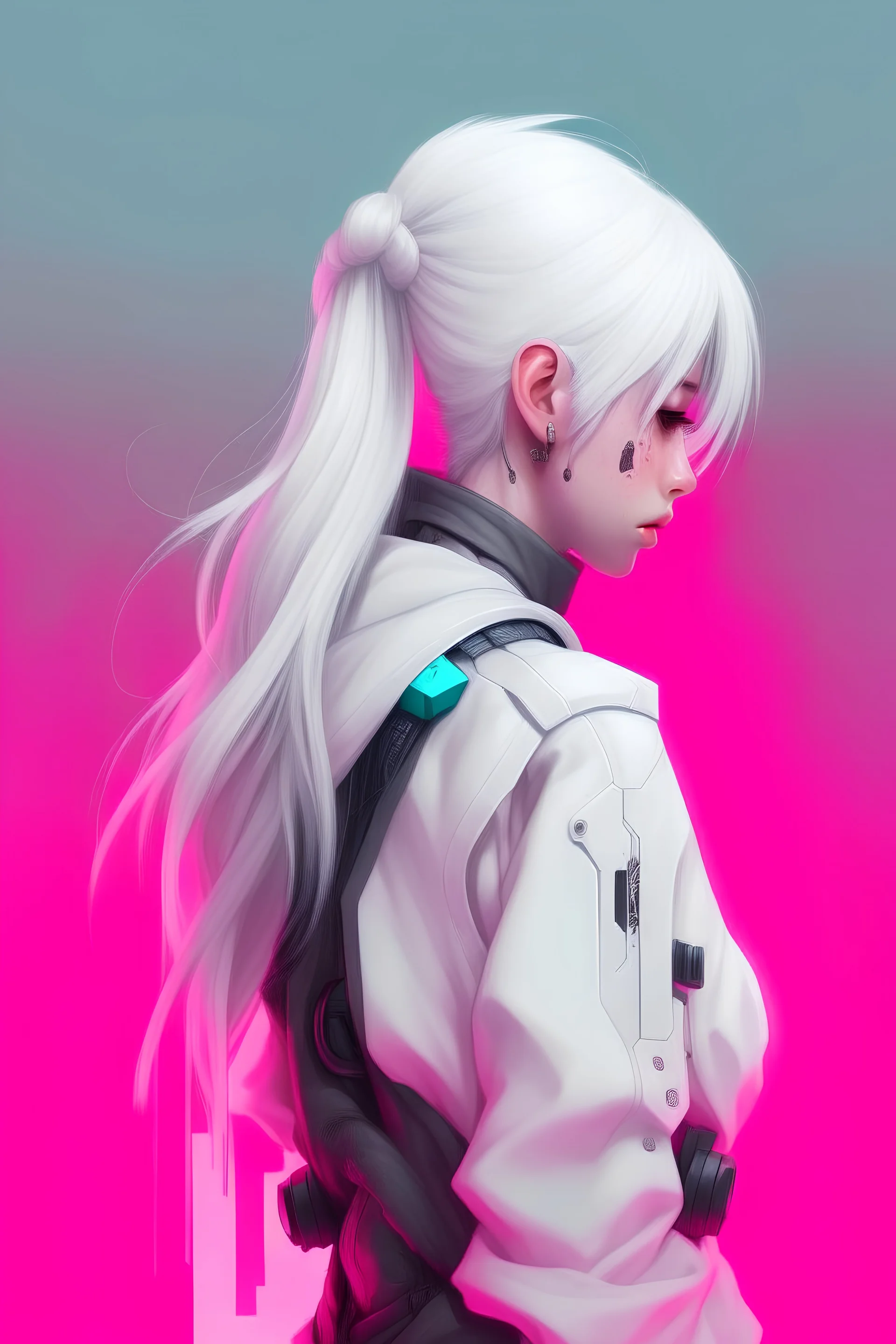 Back of a cute long white haired cyberpunk woman with pink background colours