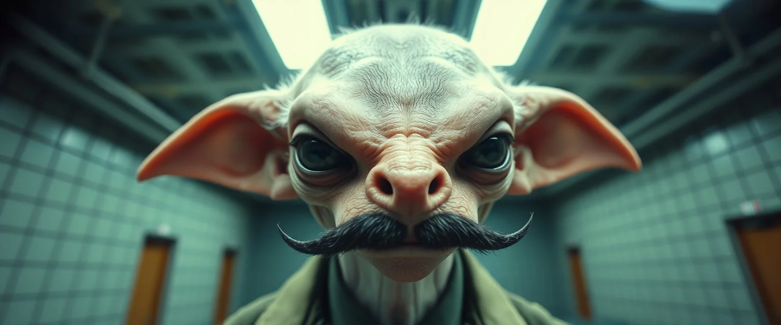 airbrush and pen outline, french art mustache , extreme close up on cheeky fluffy weasel goblin alien military prison guard news anchor elf family scumbag in the style of Escher and Giger and Fallout 4, pinhole cam, airbrush 3d rendering, on tv screen:A five-second cinematic single take in a clean industrial presentation hall.