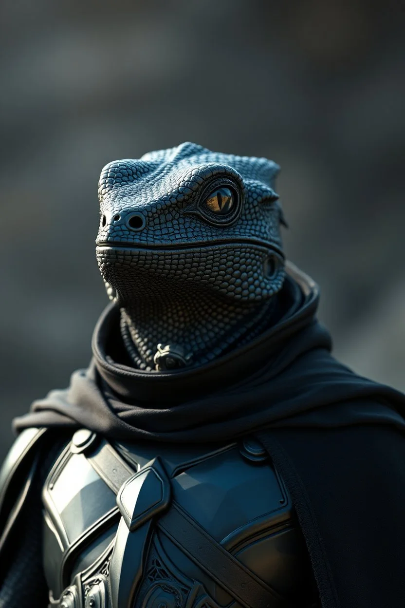 male lizard with jet-black skin, eyes like faceted crystal, wearing full leather armor, a black cloak