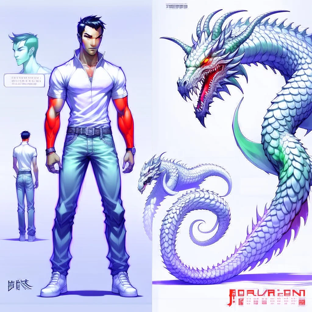 dragonman cabeza y cara humana high detailed concept art, front facing, dynamic pose, full body, white background color, t-shirt design,