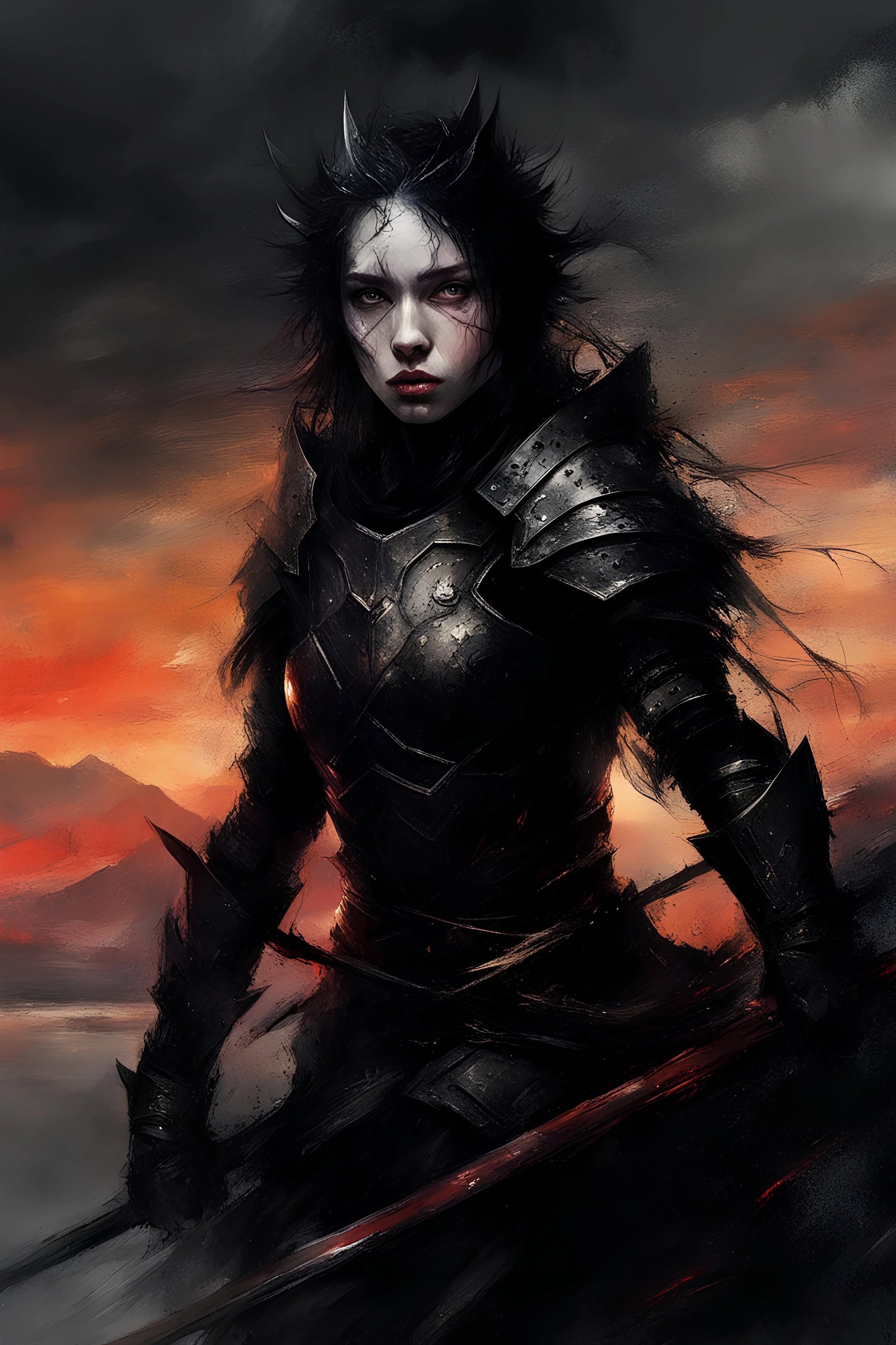 A formidable warrior girl in black armor, against the background of an amazing gloomy landscape flooded with sunset, mountains, trees, a fabulous scary hero, juicy emotions, painting, gloomy fantasy, gloomy day, dark world, portrait, oil and graphite, wide strokes, a weaving frame around, by Ryohei Hase, Agnes Cecile, Raymond Swanland, Anne Bachelier