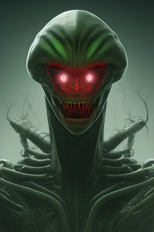 green alien, head, evil, red eyes, big silver teeth, weapons, blood, 8k, finely detailed, photo realistic, HR Giger style