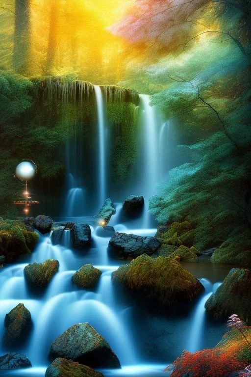 waterfall, planets, deep colors, land, floral, trees, cinematic lighting, octane render, ambiance, professional photo