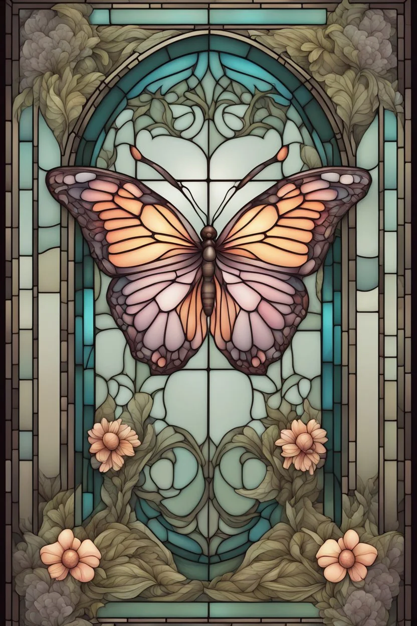 stained glass window design of an overwhelmingly beautiful butterfly framed with vector flowers, long shiny, wavy flowing leaves, polished, ultra-detailed vector floral illustration mixed with hyper realism, muted pastel colours, vector floral details in the background, muted colours, hyper-detailed ultra intricate overwhelming realism in a detailed complex scene with magical fantasy atmosphere, no signature, no watermark