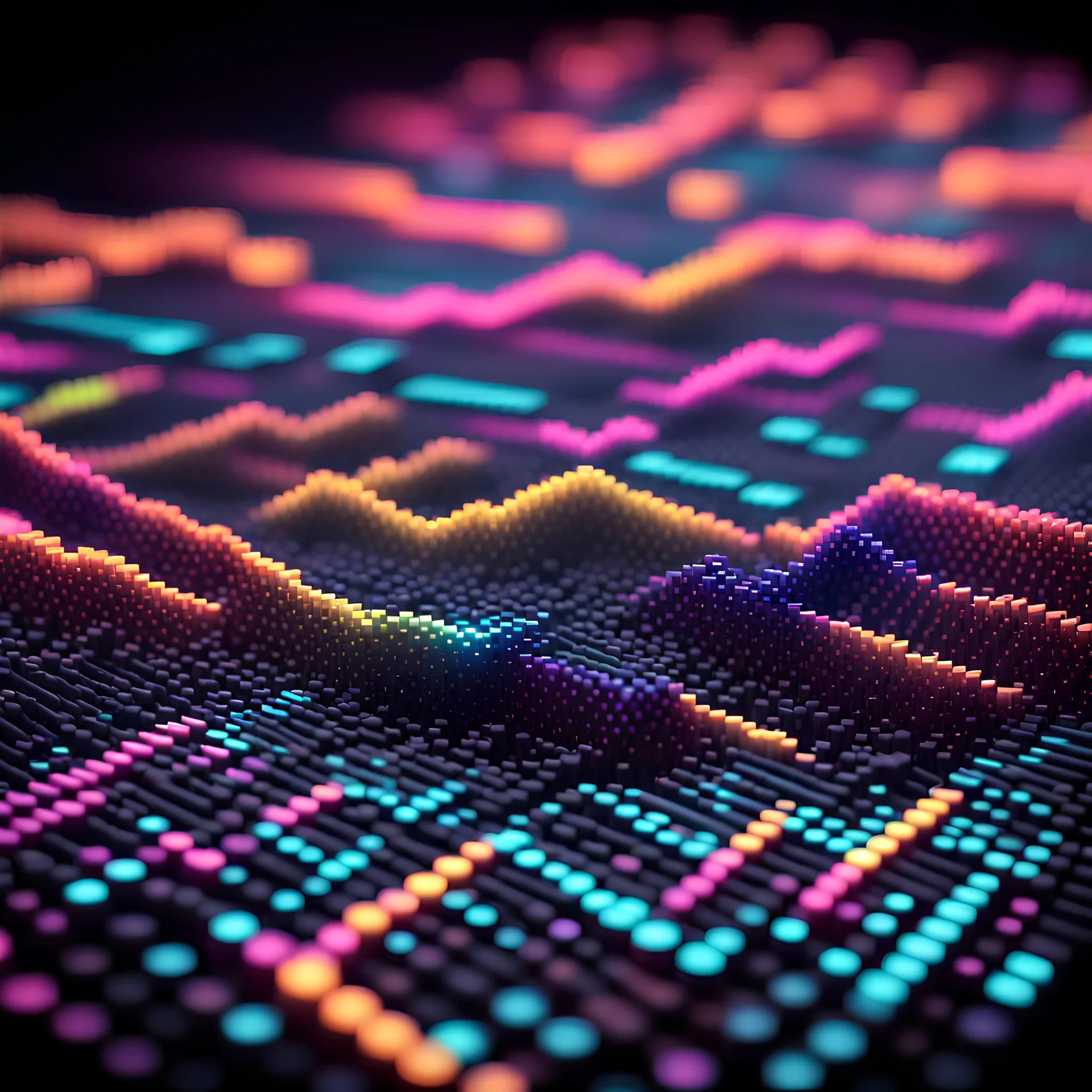 8 Bits Musical Wave , Pixel Art Box Sound Wave, (Vibrant colors ) LED network lines , Realistic 3D Render, Macro, mesh, wave network, geometric, Nikon Macro Shot, Kinetic, Fractal, Light Led Points, Generative, Neural, Computer Network, Connections, Movement Blur