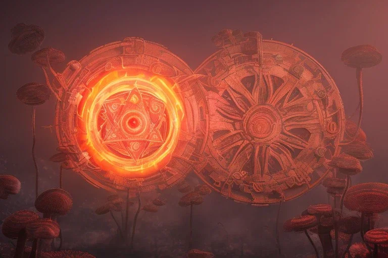 a fiery wheel with 100 eyes floating above the ground, a laser beam pentagram floating above the ground, spring time, mushrooms, 8k, flickering light, centered, high-quality, fine-detail, digital art, detailed matte, volumetric lighting, illustration, 3D octane render