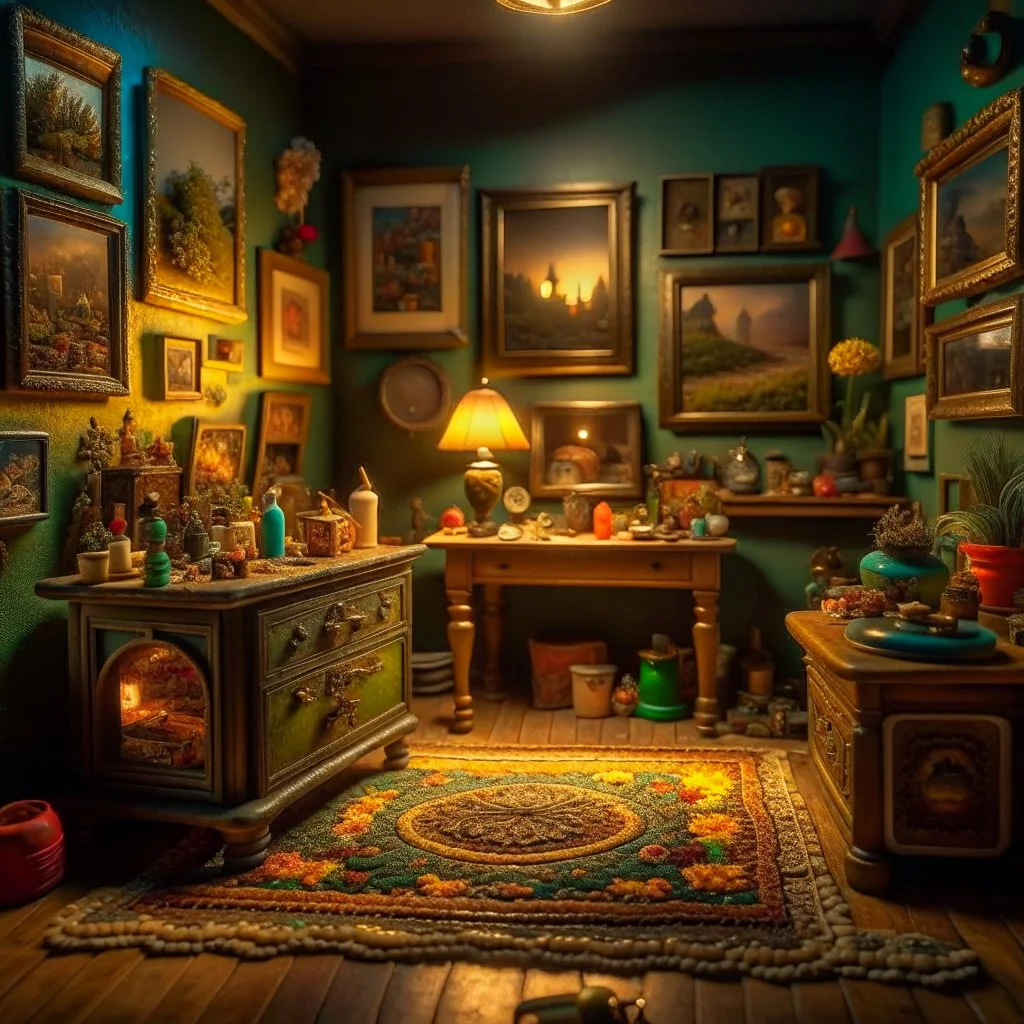 Diorama of old stuff in a room, sharp focus, 8k, 3d, very detailed, volumetric light, fine art, very colorful, ornate, 35mm, F/2.8, insanely detailed and intricate, hypermaximalist, super detailed, decadent