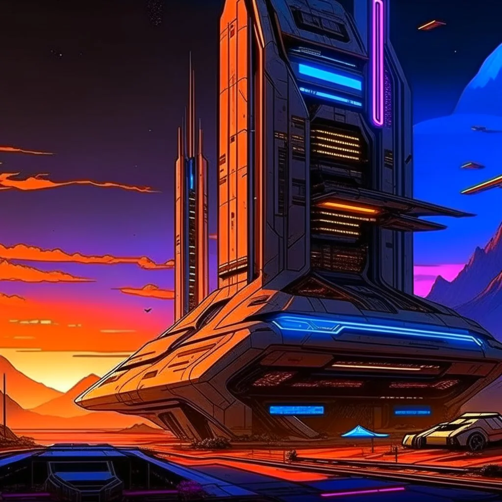 cyberpunk retro futuristic for comics from far away
