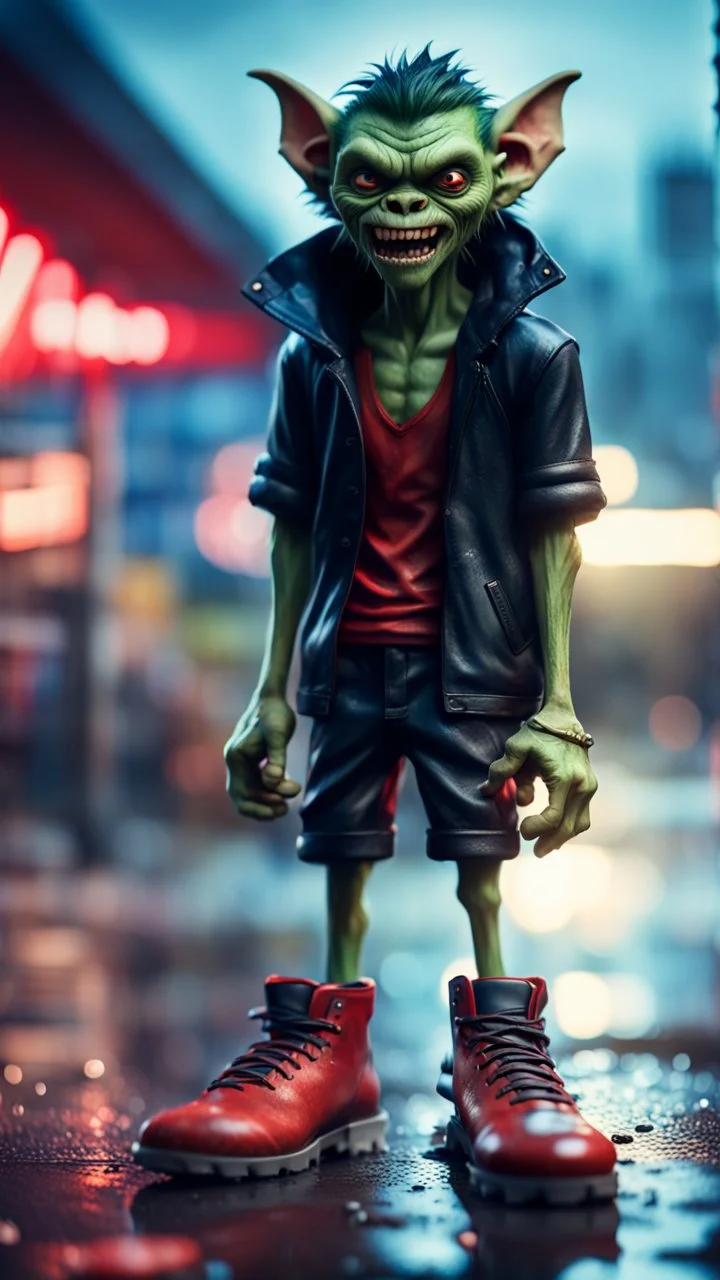 full figure portrait of a vampire werewolf goblin gremlin with soccer boots on wet asphault in front of gaz station, in the style of Gorillaz,bokeh like f/0.8, tilt-shift lens 8k, high detail, smooth render, down-light, unreal engine, prize winning