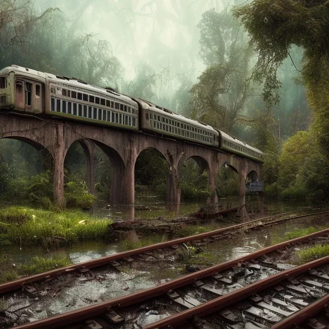 an abandoned train on tracks falling apart and overgrown by nature with large puddles of water flooding part of tracks, 8k resolution, high-quality, fine-detail, intricate, digital art, detailed matte, volumetric lighting, illustration, 3D octane render, brian froud, howard lyon, selina french, anna dittmann, annie stokes, lisa parker, greg rutowski