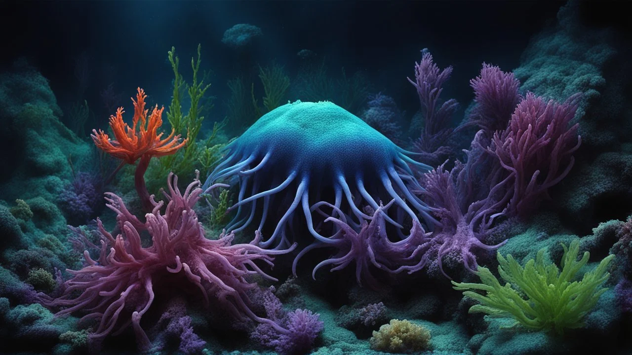 animals creatures, plants from subanautica from deep sea, leviathan's a lot of sea plants very deep, beautiful, river of magma, green and blue, dark purple