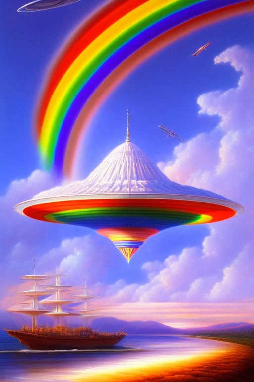 Very beautiful ufo rainbow futurist, intergalactic, mother ship, ashtar command