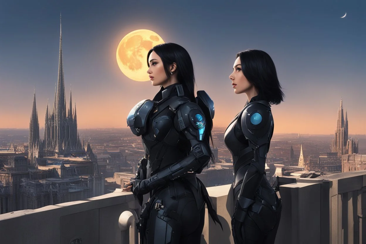 A slim Woman With Black shoulder length hair, Wearing an android-looking suit, standing sideways On a ledge of a building, with a moon Behind Her Head, towering spires and buildings highlighted by the setting sun