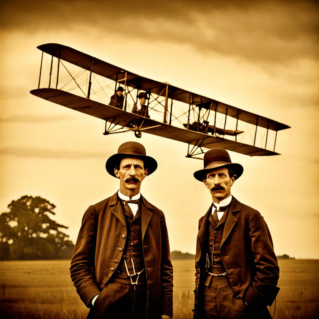 The two Wright brothers on the first flight in the Flyer they built, dramatic historical shot, outdoor shot, cinematic, early 19th century poster style