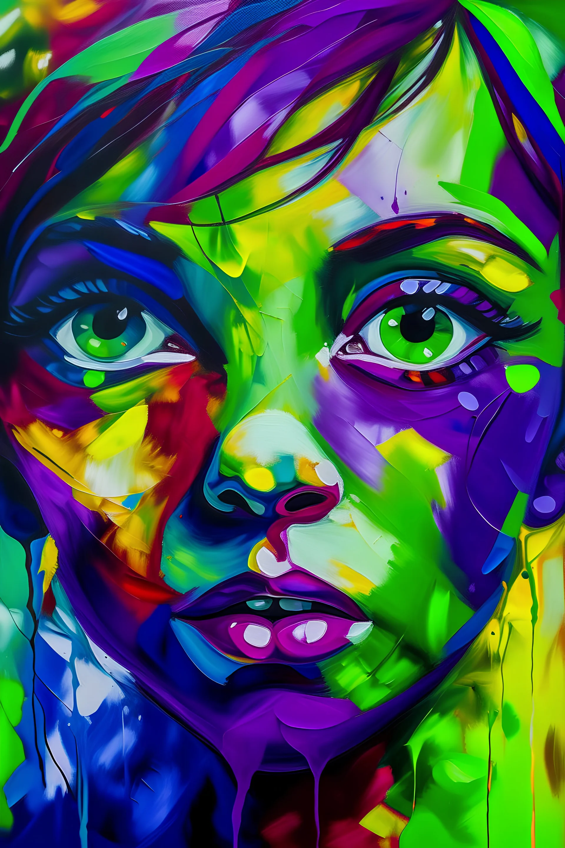 A captivating abstract art piece featuring a dynamic explosion of colors in shades of violet, green, and lila The vibrant colors form a stylized representation of a child face, with the focus on the eyes, painted in a deep hot violet hue. The eye-catching colors contrast with the surrounding shades, such as green and yellow, creating a mesmerizing and artistic effect. The predominantly black background accentuates the colorful explosion, giving it a sense of depth and dimension. The colors appea