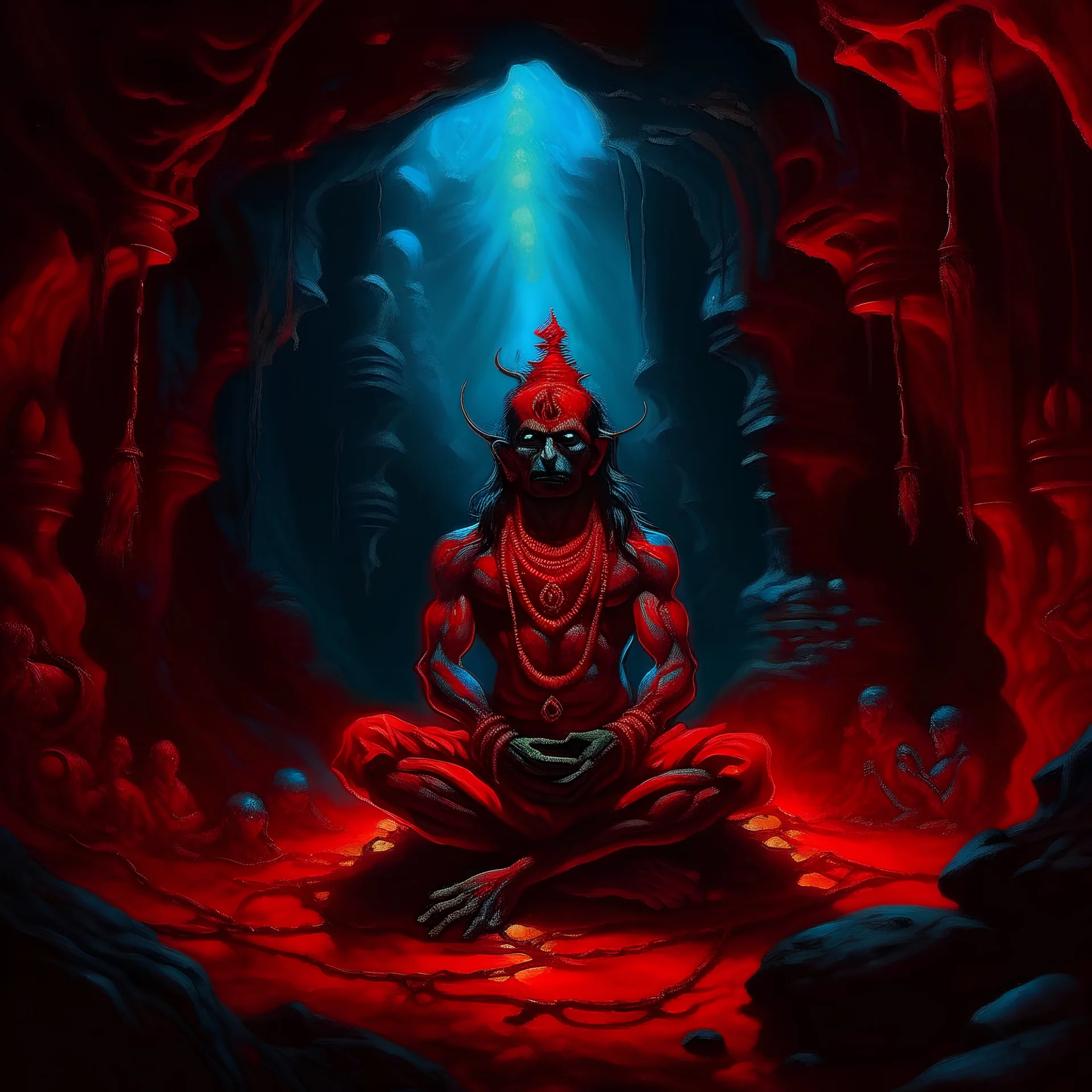 An oil painting of Hindu god YAMA in a cave, neon red colors, high detail, dark vibe