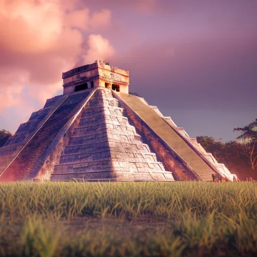 Chichen Itza, sunset, rainbow sunset, waterfall, palms, twigs, spring, sunset rainbow, bridge flying birds, unreal engine 5, cinematic lighting, realistic, hyper detailed, 8k, octane render