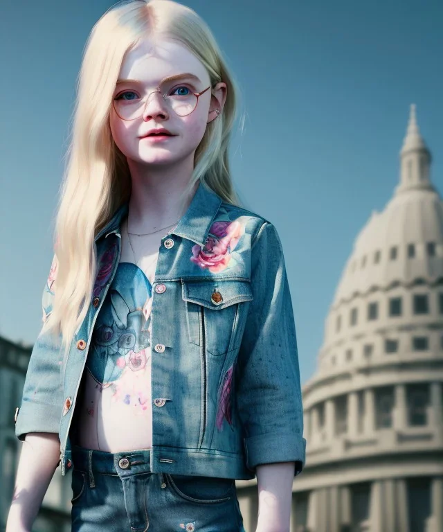 Elle fanning toddler, full body, city background, tattoo denim jacket, floral shirt, dramatic lighting