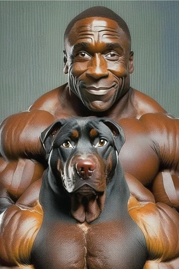 Bodybuilder Lee Haney with the face of a Rottweiler dog