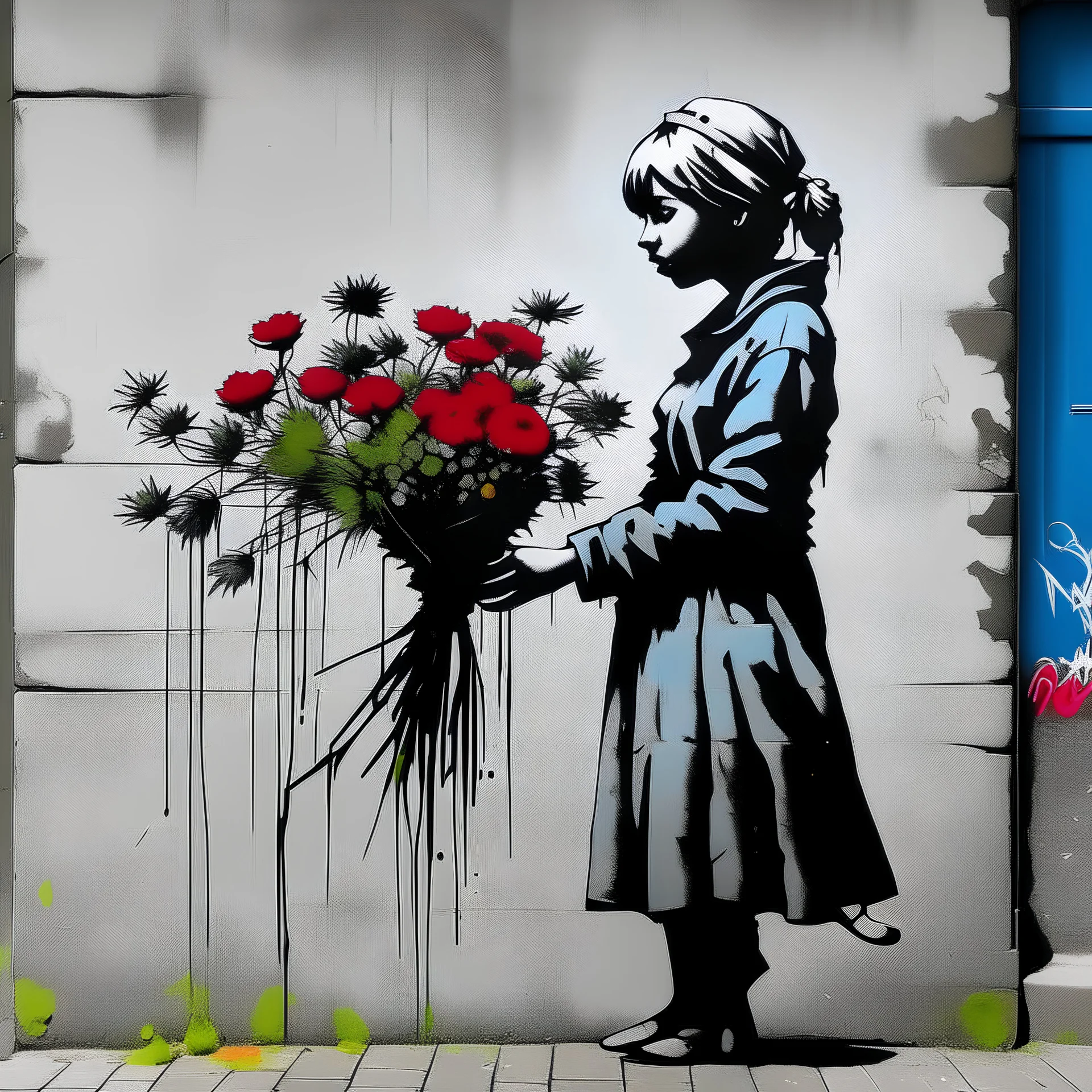 a woman in love, flowers, style of banksy