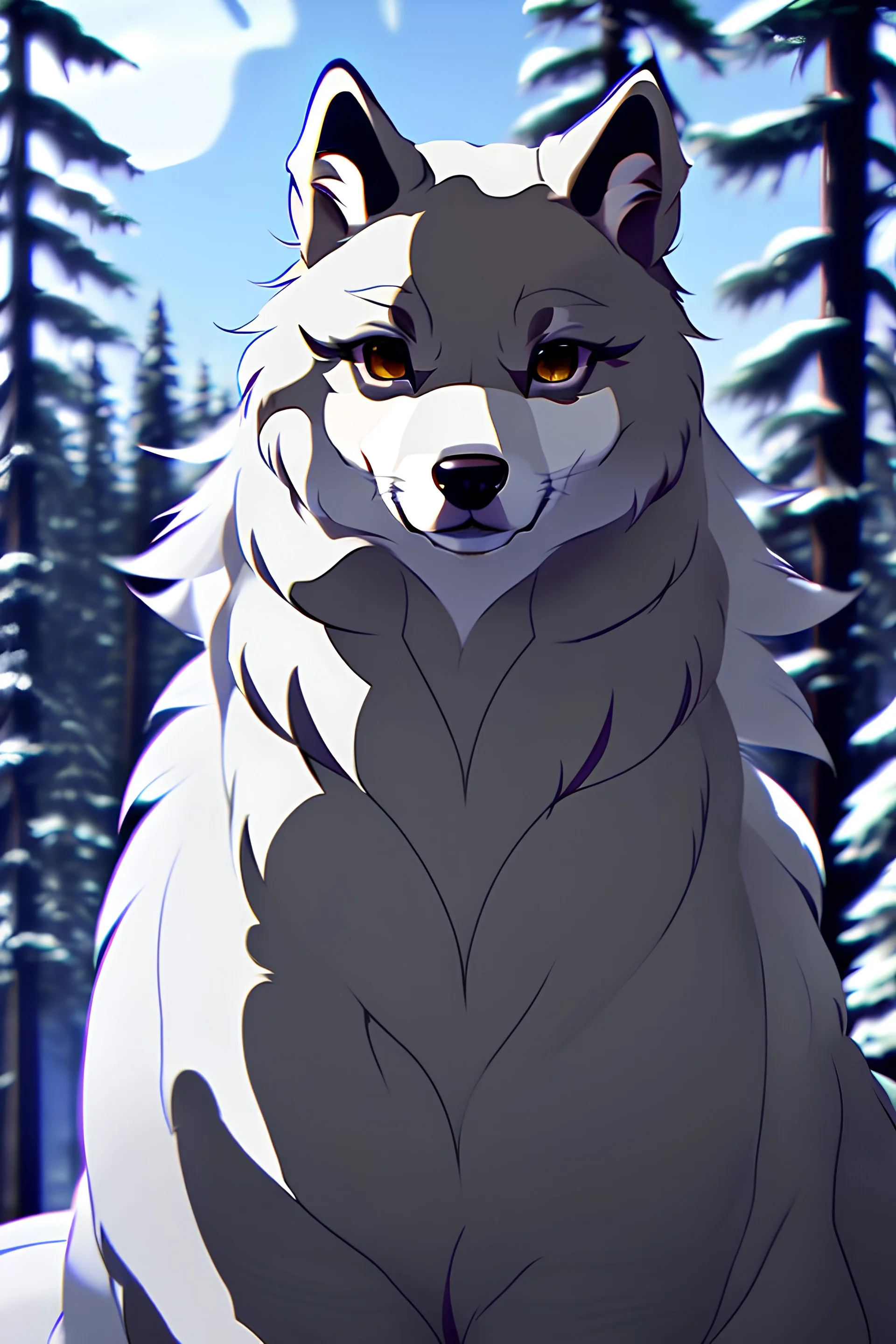 The handsome and perfect full body is on the spruce land, anime, a casual, gray-haired and lilac-eyed male character with wolf ears and a feline tail in the forest, 8K resolution, high quality, ultra graphics, and detailed with lines.