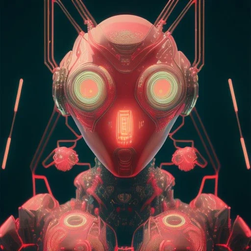 portrait painting of a cyberpunk red robot spider, ultra realistic, intricate details, ultra highly detailed, shiny, smooth, studio quality, octane render, Surrealism, Triadic colour scheme,glow-stick, ambient lighting,nightclub lighting, polaroid, 100mm, --ar 1:1 --v4