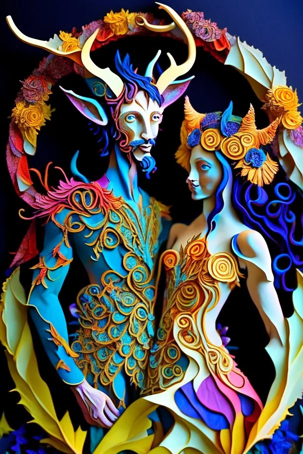 "Satyr Union"; surreal Satyr and Nymph couple wearing colorful Royal wedding attire made with quilling found in nature; Avant-garde