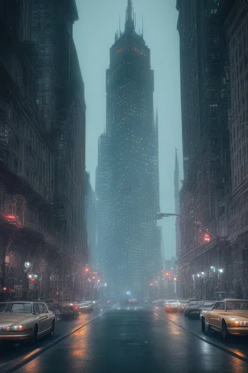 Gotham city, nostalgic, cold, dark blue, gloomy, heavy fog, 8k photorealistic, cinematic lighting, high details, dramatic, atmosphereric