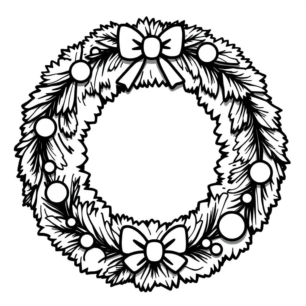 A black and white cute drawing of a Christmas wreath, only outline, white background,for kids