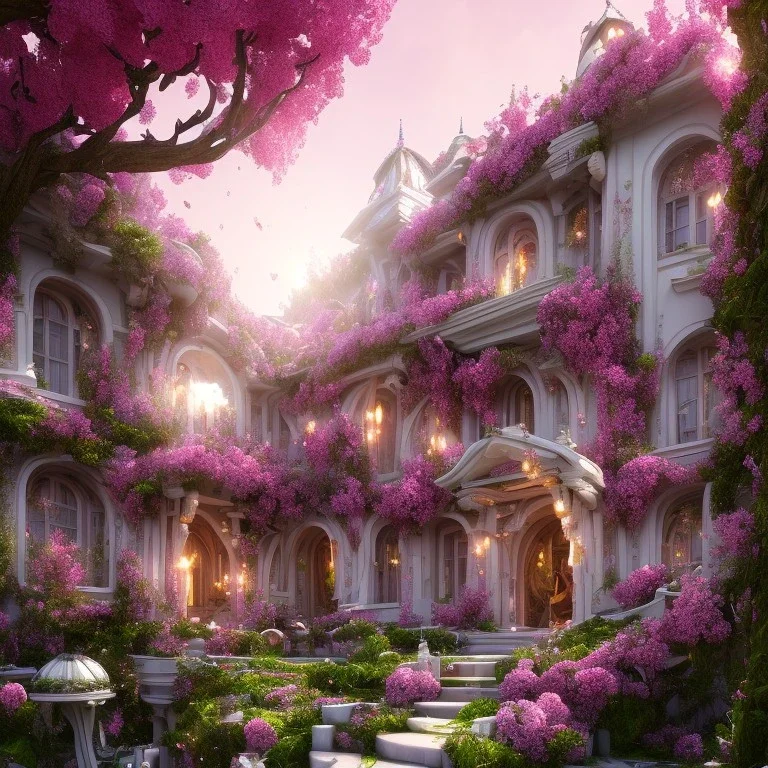 a magical flower bougainvillier fuksia house in the woods, pink vertical, sharp, vines, candlelit, endor, ornate, elegant, highly detailed, artstation, concept art, smooth, sharp focus, illustration, 8k, splash art, wallpaper, key visual